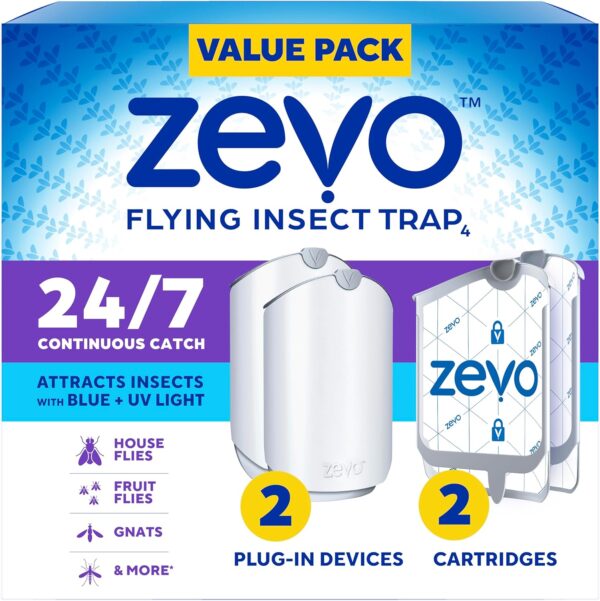 Zevo Flying Insect Trap, Fly Trap, Fruit Fly Trap (2 Plug-in Bases + 2 Refill Cartridges)